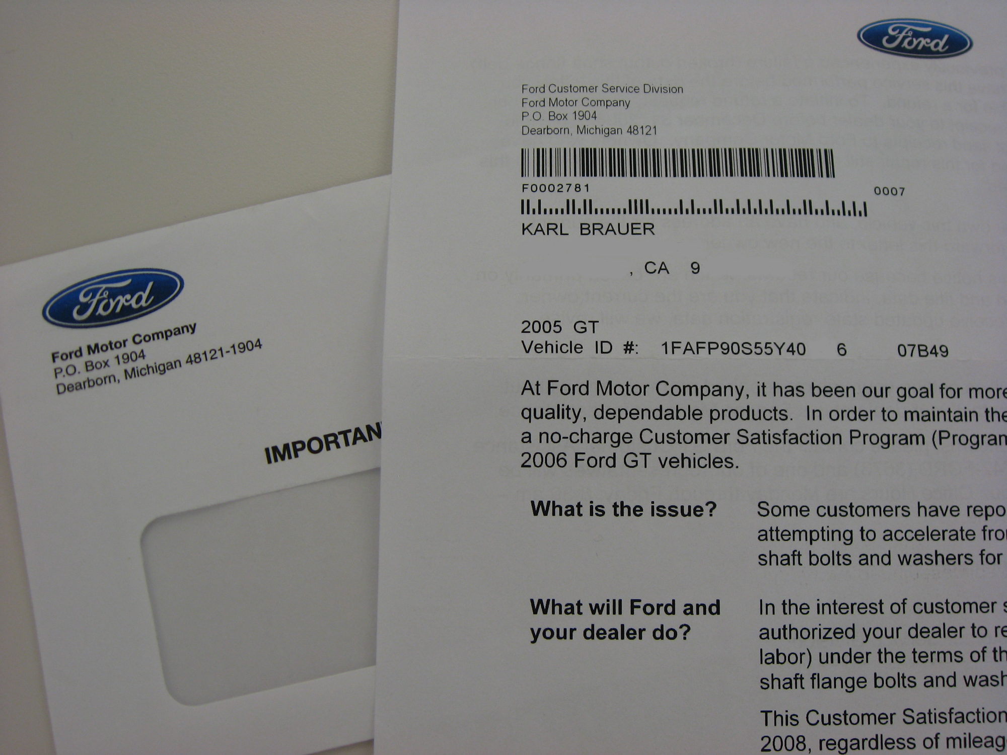 2005 Ford GT Long Term Axle Bolt Recall Notice