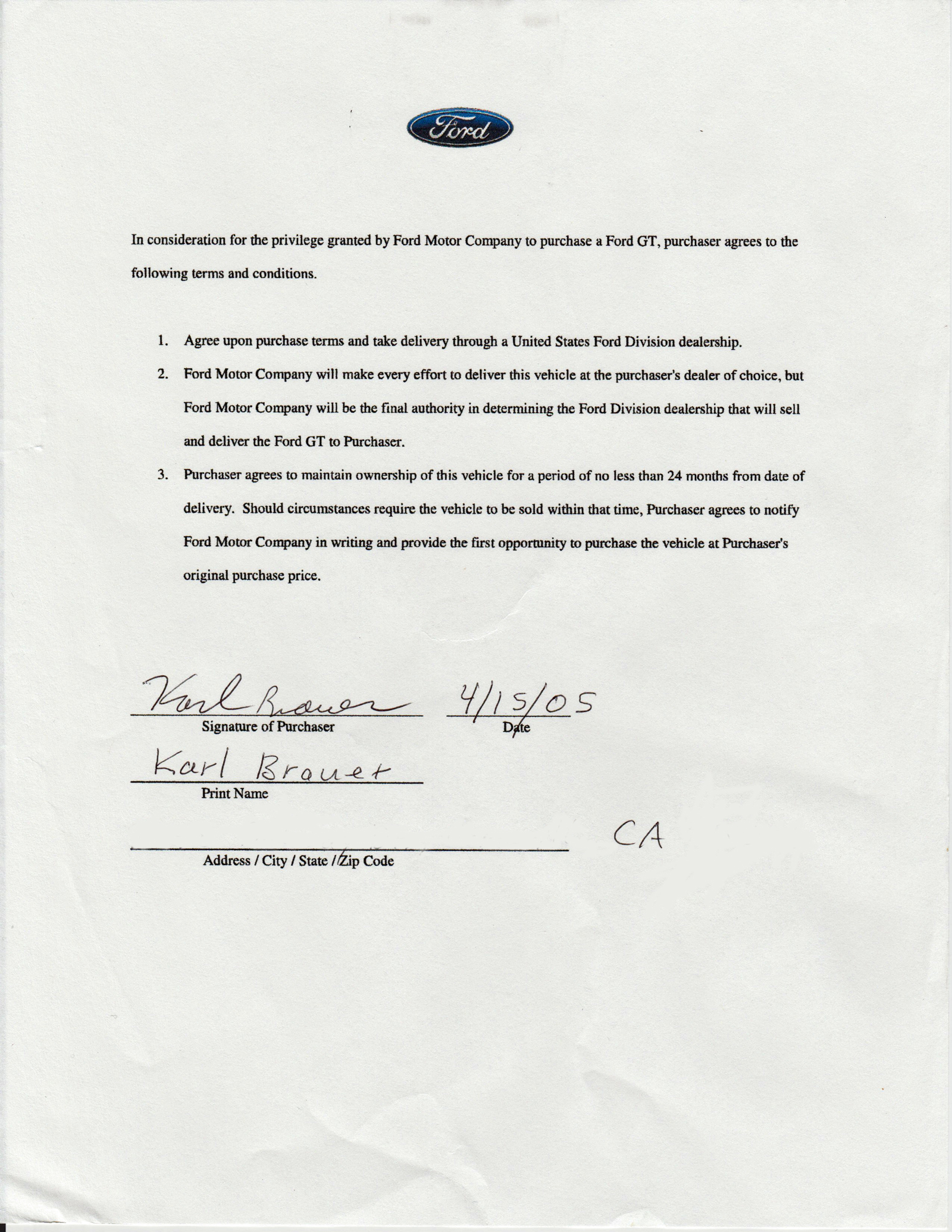 2005 Ford GT Purchase Agreement