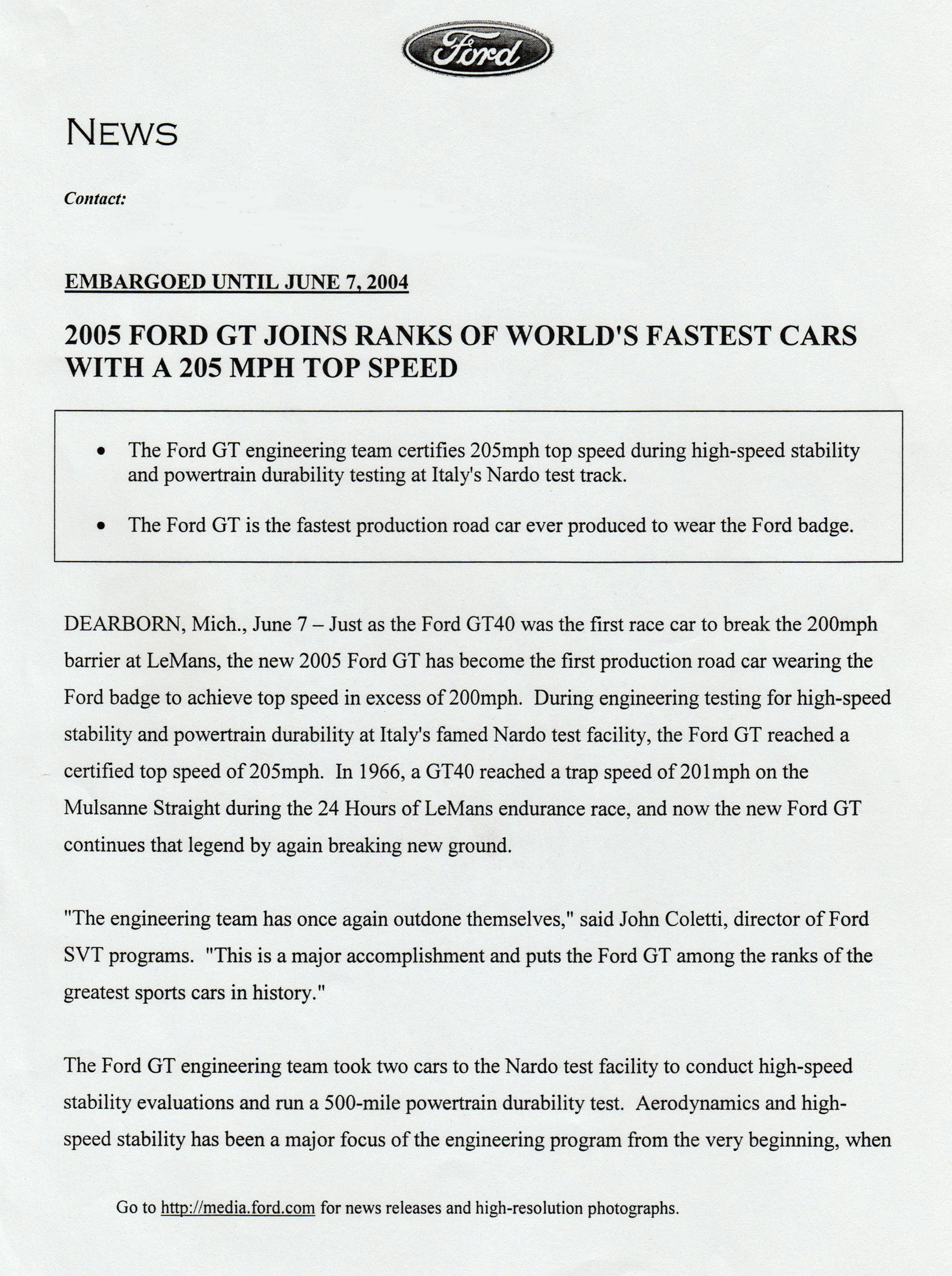 2005 Ford GT Top Speed press release