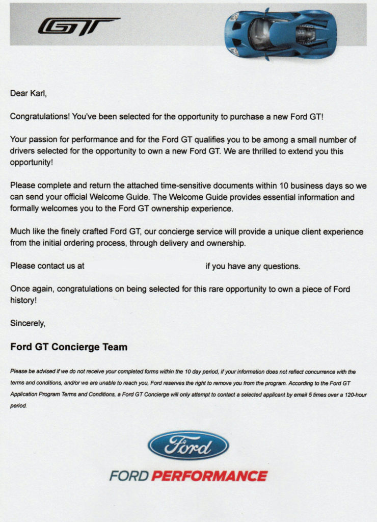 Ford GT Allocation Letter