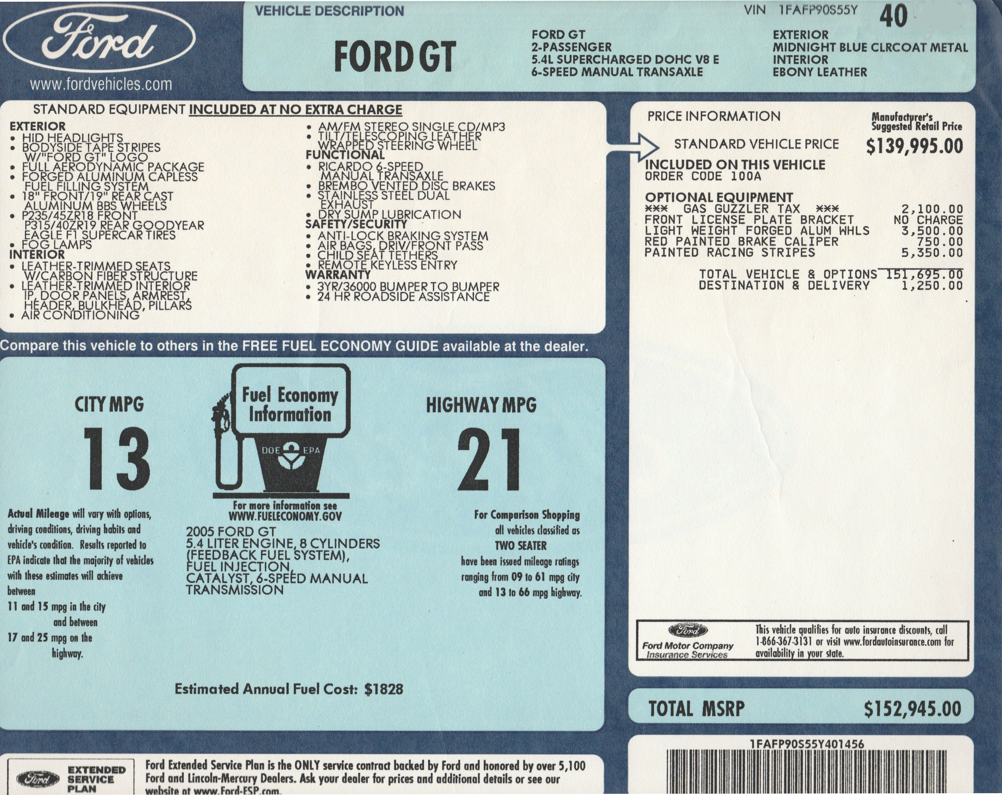 2005 Ford GT Window Sticker